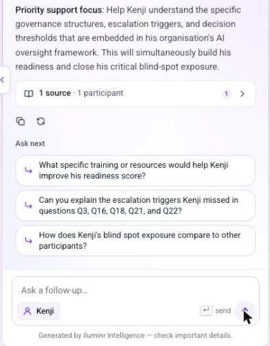 The end of an answer about a participant: the sources bar, the copy and retry icons, Ask next and the Ask a follow-up box.