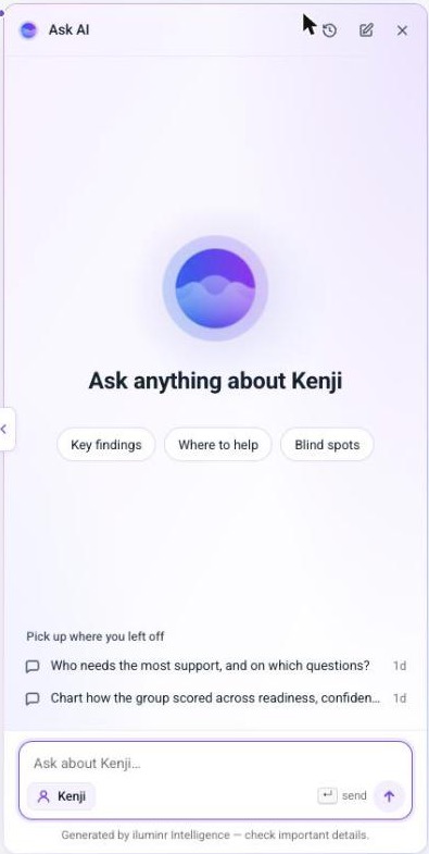 Ask AI opened from a participant: the starter prompts, your recent chats and the question box with the Kenji scope chip.