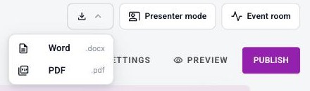 The report toolbar with Settings, Preview and Publish, and the export menu open