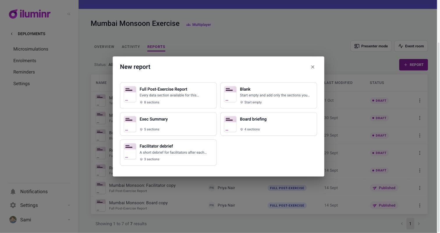 The New report dialog