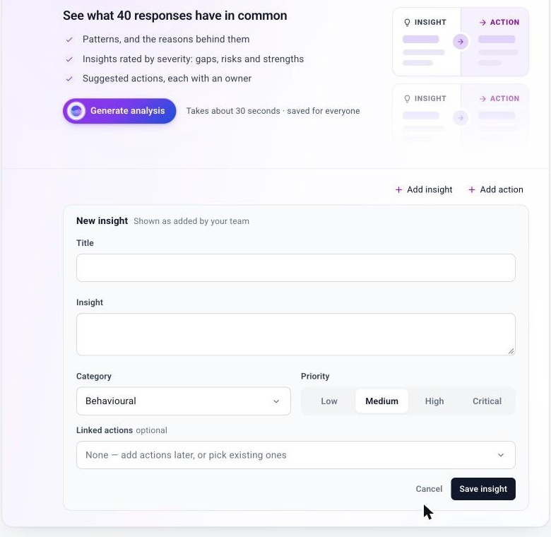 The New insight form: Title, Insight, Category, Priority and optional Linked actions.
